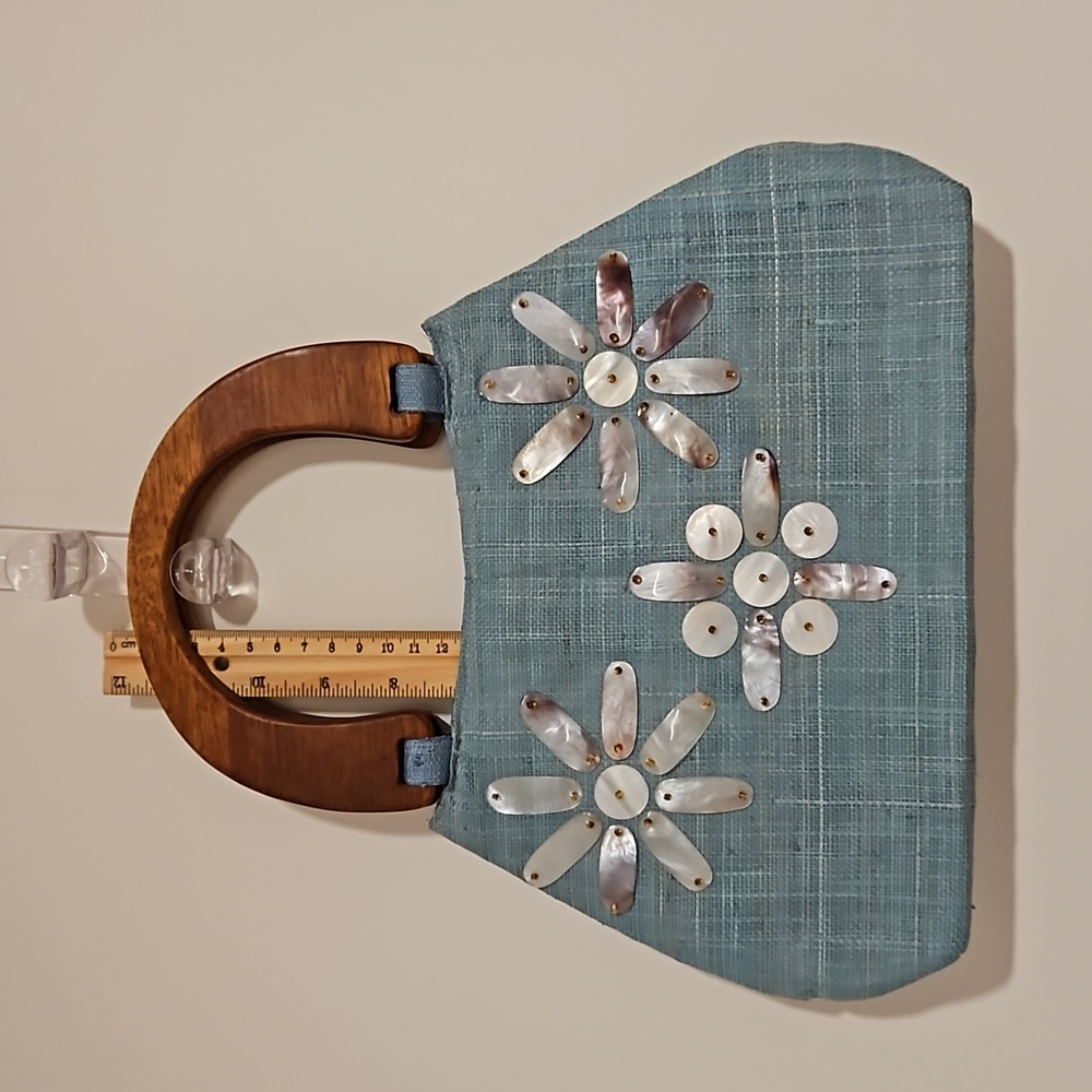Vintage MOP accents wood handle bag purse 60s style material retro EUC - Picture 4 of 10